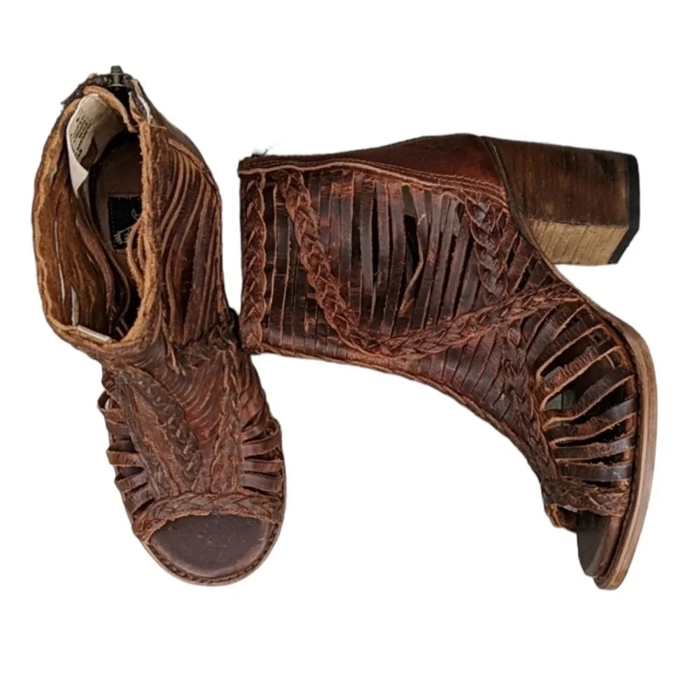 FREEBIRD by Stephen Leather Huarache Bela Open Toe Booties in Brown Size 7